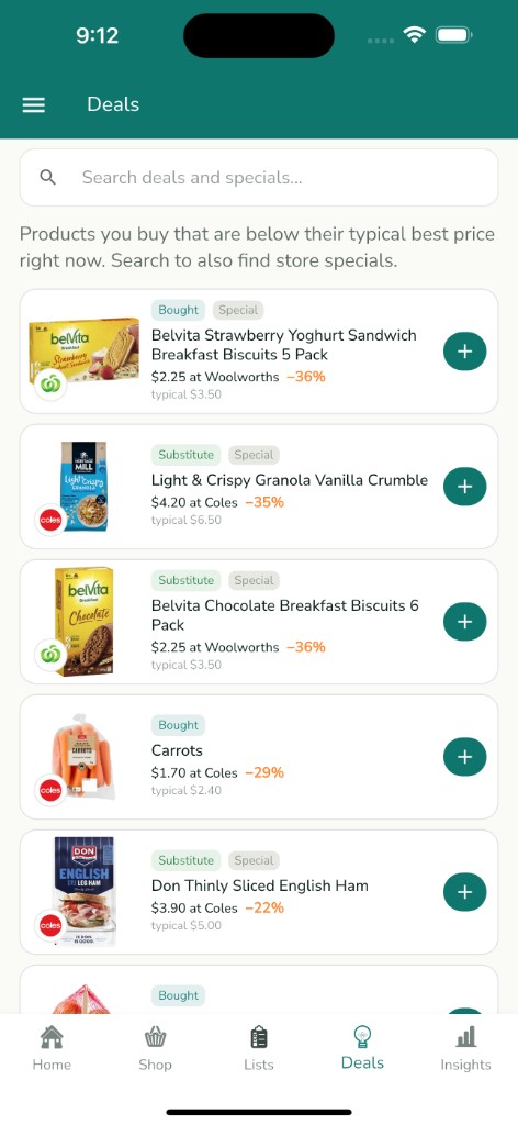 Squirroo Deals screen showing Belvita biscuits and other regularly bought products marked below their typical price
