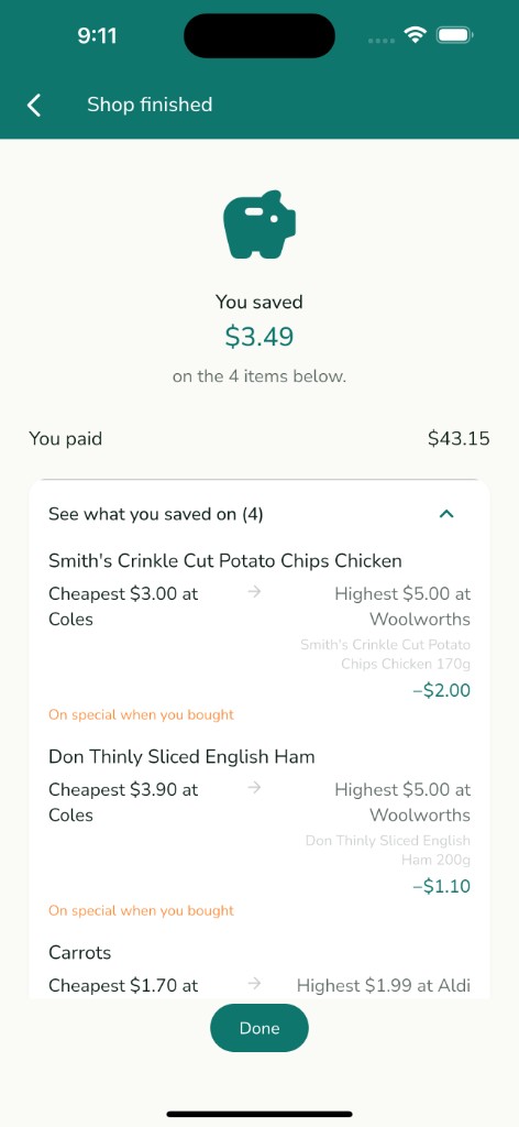 Squirroo shop finished screen showing $3.49 saved with an item-by-item breakdown of cheapest versus highest shelf price