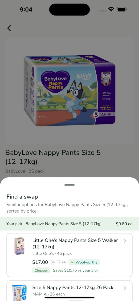 Squirroo Find a swap screen comparing BabyLove nappy pants to a cheaper Little One’s alternative, saving $10.75